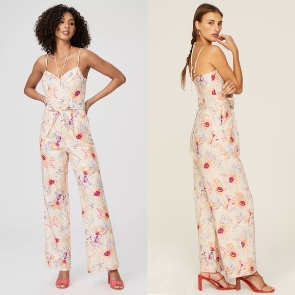 PAIGE X LIBERTY Floral Linen Sleeveless Belted Tie Neck Wide Leg Jumpsuit 4 - Picture 4 of 13